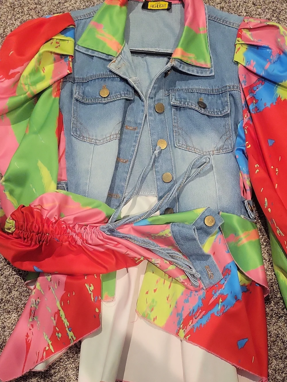 Denim Jacket with Bright Multicolor Splash Sleeves